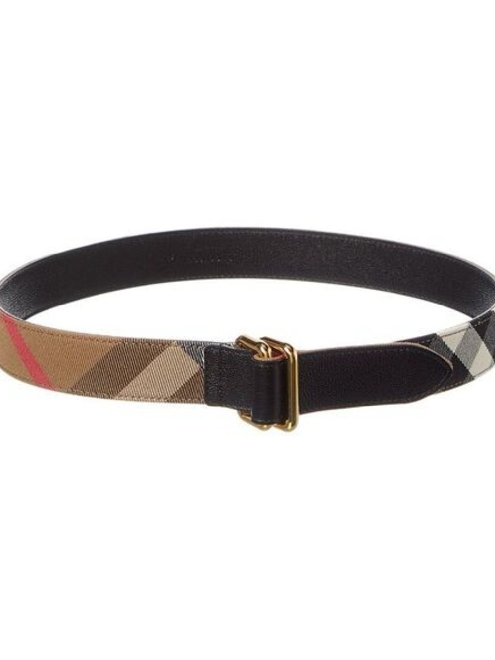 Burberry Beige Check Belt with Black Leather Trim and Gold Buckle